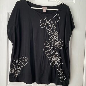 Chicos Black Leaf Embroidered Top Size 3